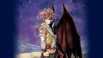  1boy belt clenched_hand closed_mouth demon_wings dragon_boy dragon_horns fairy_tail half-human highres horns male_focus mashima_hiro natsu_dragneel night night_sky red_belt red_eyes red_hair scales scarf serious shoulder_tattoo single_wing sky solo spiked_hair standing star_(sky) starry_sky striped striped_scarf tattoo white_scarf wings 
