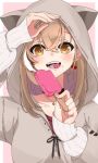  1girl absurdres animal_hood arm_up berry black_choker brown_eyes brown_hair brown_hoodie choker crossed_bangs earrings ears_through_headwear eating fangs food food-themed_earrings highres hololive hololive_english hood hood_up hoodie jewelry long_hair looking_at_viewer multicolored_hair nail_art nanashi_mumei necklace official_alternate_costume oversized_clothes popsicle red_shirt runes sayo0692 shirt simple_background sleeves_past_wrists streaked_hair sweater upper_body virtual_youtuber white_sweater 