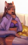  anthro black_nose breasts brown_body brown_fur brown_hair canid canine canis cleavage clothed clothing female fingers fur hair hi_res inner_ear_fluff lingerie looking_at_viewer mammal noisykoala sitting solo tani_rinkan tuft wolf 