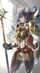  1girl armor belt blue_eyes blue_hair breastplate clear_glass_(mildmild1311) fire_emblem fire_emblem_awakening fire_emblem_heroes from_side gloves hair_ornament highres holding holding_weapon long_hair lucina_(brave_princess)_(resplendent)_(fire_emblem) lucina_(fire_emblem) official_alternate_costume polearm solo weapon 