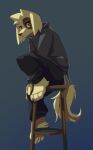  absurd_res anthro barefoot black_bottomwear black_clothing black_nose black_pants bottomwear brown_eyes brown_markings canid canine canis clothed clothing domestic_dog facial_markings feet floppy_ears full-length_portrait fur gradient_background grey_clothing grey_topwear head_markings hi_res kuttoyaki looking_at_viewer male mammal markings no_pupils pants portrait simple_background sitting solo tail topwear yellow_body yellow_fur yellow_tail 