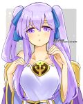  1boy 1girl alternate_hairstyle bare_shoulders breasts circlet fire_emblem fire_emblem:_genealogy_of_the_holy_war julia_(fire_emblem) long_hair open_mouth purple_eyes purple_hair sash simple_background solo twintails wide_sleeves yukia_(firstaid0) 