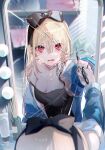  1girl black_bow black_camisole blonde_hair bow breasts broken_mirror camisole crying crying_with_eyes_open hair_between_eyes hair_bow highres holding holding_scissors jacket long_hair medium_breasts mirror miwano_rag open_clothes open_jacket original red_eyes reflection scissors tears 