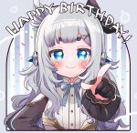  1girl absurdres and_uge black_bow black_sleeves blue_bow blue_bowtie blue_eyes blunt_bangs blush bow bowtie breasts buttons closed_mouth commentary_request confetti detached_sleeves finger_cots grey_background grey_hair hair_bow happy_birthday highres index_finger_raised kino_haruc long_hair looking_at_viewer medium_bangs nanashi_inc. see-through see-through_sleeves shirt sidelocks sleeveless sleeveless_shirt small_breasts smile solo thick_eyebrows upper_body virtual_youtuber white_shirt 
