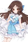  1girl :o blush brown_eyes brown_hair feet_out_of_frame gloves highres idolmaster idolmaster_cinderella_girls looking_at_viewer nekoma_mimu simple_background solo sparkle tachibana_arisu two-tone_dress white_background white_gloves 