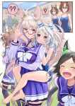  5girls ? adjusting_hair animal_ears bamboo_memory_(umamusume) biwa_hayahide_(umamusume) black_hair closed_eyes collarbone confused empty_eyes glasses grey_hair hair_ornament hairclip hiding highres hishi_miracle_(umamusume) horse_ears horse_girl horse_tail hug multiple_girls nabe_puyo narita_taishin_(umamusume) object_hug school school_swimsuit school_uniform searching short_hair sweat sweating_profusely swimsuit tail thighhighs umamusume winning_ticket_(umamusume) yaeno_muteki_(umamusume) 