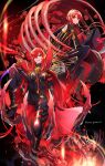  1boy 1girl armored_boots black_background black_bodysuit bodysuit boots brother_and_sister cape chain collared_cape detached_sleeves facing_viewer family_crest flower hair_over_one_eye hi_(wshw5728) highres low_ponytail medallion oda_nobukatsu_(fate) oda_nobunaga_(fate) oda_nobunaga_(maou_avenger)_(fate) oda_uri otoko_no_ko ponytail popped_collar red_cape red_eyes red_hair red_theme siblings sidelocks spider_lily tight_top twitter_username 