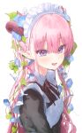  1boy 1girl artist_name bibi_(user_egtz4573) blush curled_horns demon_girl demon_horns hair_between_eyes hair_ornament highres horns leaf_hair_ornament maid maid_headdress open_mouth original pink_hair pointy_ears purple_eyes simple_background smile white_background 