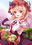  1girl aki_minoriko cabbage food fruit grapes highres lettuce looking_at_viewer one-hour_drawing_challenge onion peas ruu_(tksymkw) strawberry tomato touhou 