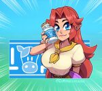  1girl blue_eyes blush breasts brown_hair closed_mouth hair_intakes large_breasts lips lon_lon_milk long_hair looking_at_viewer malon mike_luckas pointy_ears short_sleeves smile solo the_legend_of_zelda the_legend_of_zelda:_ocarina_of_time twitter_username 