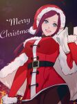  1girl absurdres alternate_costume belt black_belt black_gloves blue_eyes blush breasts brown_skirt capelet fur-trimmed_capelet fur-trimmed_headwear fur_trim gloves head_tilt highres jacket kabu_(kaopako_) looking_at_viewer macross macross_delta medium_breasts merry_christmas mirage_farina_jenius purple_hair red_capelet red_headwear red_jacket santa_costume skirt smile solo 