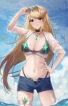  1girl alternate_costume bikini bikini_under_clothes bikini_under_shorts black_bikini black_choker blonde_hair breasts chest_jewel choker cleavage doiparuni earrings eyewear_on_head frown hand_on_own_hip highres jewelry large_breasts long_hair looking_at_viewer mythra_(xenoblade) navel parted_lips round_eyewear see-through see-through_shirt short_shorts shorts solo sunglasses swimsuit thighlet tiara very_long_hair xenoblade_chronicles_(series) xenoblade_chronicles_2 yellow_eyes 