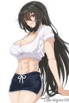  1girl abs alternate_costume black_shorts breasts chamumi_(mochiumee) cleavage cowboy_shot dolphin_shorts kantai_collection large_breasts long_hair midriff nagato_(kancolle) navel one-hour_drawing_challenge red_eyes shirt shorts simple_background solo white_background white_shirt 