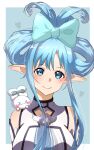  &gt;3&lt; 1girl absurdres alternate_hairstyle aqua_eyes aqua_hair asuna_(sao) asuna_(sao-alo) bare_shoulders blue_bow bow cinnamiku cinnamoroll dress facial_mark hair_bow heart heart_facial_mark highres long_hair pointy_ears sanrio sidelocks simple_background smile sword_art_online upper_body user_tznu7345 white_dress 