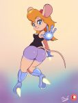  anthro butt chip_&#039;n_dale_rescue_rangers clothing cosplay disney fantharubi female gadget_hackwrench hi_res iron_man looking_at_viewer looking_back mammal marvel mouse murid murine rear_view rodent shirt simple_background smile solo tank_top topwear 