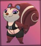  2023 animal_crossing anthro barefoot bottomwear buckteeth clothed clothing crop_top eyeshadow feet female full-length_portrait hi_res honeymono makeup mammal multi_nipple nintendo nipples pecan_(animal_crossing) portrait rodent sciurid shirt shorts smile solo teeth topwear tree_squirrel 