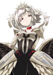  1girl black_dress black_wings blunt_bangs breasts closed_mouth collarbone cowboy_shot dress fire_emblem fire_emblem_heroes grey_hair hahe highres looking_at_viewer official_alternate_costume official_alternate_hairstyle red_eyes short_hair small_breasts solo tiara veronica_(fire_emblem) veronica_(princess_rising)_(fire_emblem) white_background wings 