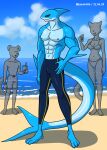  abs absurd_res alkan anthro background_character beach big_pecs blue_body bottomwear clothed clothing fish hi_res kashiver male marine multicolored_body muscular muscular_anthro muscular_male navel nipples pecs seaside shark solo swimwear swimwear_only topless topless_anthro topless_male two_tone_body yellow_eyes 