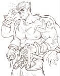  1boy abs applying_bandages bara body_markings bosacius_(genshin_impact) cropped_legs cross_scar extra_arms eyebrow_cut facial_hair flying_sweatdrops genshin_impact goatee greyscale hair_slicked_back hand_up highres large_pectorals looking_at_viewer male_focus mature_male midriff_sarashi monochrome muscular muscular_male nipples pectorals sarashi scar scar_across_eye scar_on_chest scar_on_face scar_on_nose shio0610204 short_hair shy sideburns sketch solo stomach stubble thick_eyebrows topless_male veins veiny_arms 