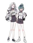  2girls aohitsugi_samatoki backpack bag black_footwear bracelet collared_shirt dbffnj9yodnccnd full_body genderswap genderswap_(mtf) green_hair hair_bun highres holding_strap hypnosis_mic jewelry multiple_girls nurude_sasara pencil_skirt plaid plaid_skirt red_eyes shirt shoes simple_background skirt socks white_background white_bag white_footwear white_hair white_shirt white_socks 