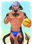  5_fingers abs animal_humanoid au_ra ball biped blue_clothing blue_swimwear clothed clothing eyebrows final_fantasy fingers hair hi_res horn horned_humanoid humanoid male muscular muscular_humanoid muscular_male one_eye_closed pecs scalie scalie_humanoid solo square_enix swimwear tail tailed_humanoid topless topless_humanoid topless_male toumator18 volleyball_(ball) 
