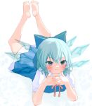  1girl absurdres barefoot blue_bow blue_dress blue_eyes blue_hair blush bow breasts cirno dress feet_up hair_bow highres ice ice_wings interlocked_fingers looking_at_viewer lying mikan_(manmarumikan) on_stomach red_ribbon ribbon short_hair simple_background small_breasts smile soles solo the_pose toes touhou translucent v-shaped_eyebrows white_background wings 