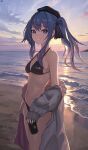  1girl artist_name bare_shoulders beach beret bikini black_bikini black_headwear blue_eyes blue_hair blush breasts can cleavage clothes_down cloud feet_out_of_frame grin halterneck hat highres holding holding_can hololive horizon hoshimachi_suisei jacket long_hair looking_at_viewer navel niokai ocean outdoors sand side_ponytail sidelocks signature small_breasts smile solo standing sunset swimsuit virtual_youtuber water white_jacket 