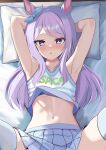  1girl alternate_costume animal_ears armpits arms_behind_back arms_up bed blush commentary_request flat_chest fuyumisakura horse_ears horse_girl long_hair mejiro_mcqueen_(umamusume) navel pillow purple_eyes solo spread_legs thighhighs umamusume 
