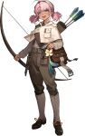  1girl arrow_(projectile) black_bag bow_(weapon) brown_footwear brown_pants capelet feathers full_body green_eyes hairband highres holding holding_bow_(weapon) holding_weapon jacket leilani_(reverse:1999) long_sleeves looking_at_viewer official_art open_mouth pants pink_hair quiver reverse:1999 shoes short_twintails sidelocks smile solo standing tachi-e third-party_source transparent_background twintails weapon white_capelet white_hairband white_jacket 