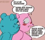  2023 achuchones_(unicorn_wars) anthro bear biped blue_body blush dialogue duo gordi_(unicorn_wars) mammal nipples pink_body pink_eyes spanish_text text unicorn_wars vixx137 yellow_eyes 