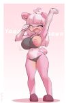  anthro areola bear big_breasts borvar breasts clothing eyes_closed fangs female fur hair hi_res mammal navel open_mouth pink_body pink_fur pink_hair signature slip solo standing teeth text wide_hips yawn 