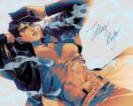  1boy abs belt black_hair character_name cigarette commentary hat holding holding_clothes holding_hat jojo_no_kimyou_na_bouken kujo_jotaro lemona633 long_coat long_sleeves male_focus mouth_hold multiple_belts muscular muscular_male navel pants pectorals school_uniform shirt short_hair smoke smoking solo stardust_crusaders symbol-only_commentary 