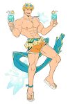  1boy abs absurdres bara blonde_hair cup eyewear_on_head flip-flops flower granblue_fantasy green_eyes highres holding holding_cup jewelry large_pectorals male_focus male_swimwear muscular muscular_male navel necklace nipples one_eye_closed oneirio open_mouth orange_male_swimwear pectorals sandals short_hair simple_background smile solo sunglasses topless_male twitter_username vane_(granblue_fantasy) white_background yellow_flower 