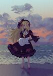  1boy barefoot black_dress black_hairband blonde_hair blue_eyes blush bow crossdressing crown dress dress_bow electric_guitar full_body guitar hairband highres holding holding_guitar holding_instrument instrument lolita_fashion lolita_hairband long_hair male_focus mini_crown nijisanji otoko_no_ko red_bow red_ribbon ribbon shore sleeve_bow smile solo tn_kn1000 twitter_username uzuki_kou very_long_hair virtual_youtuber 