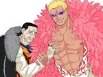  2boys abs ascot bara bare_pectorals black_hair blonde_hair crocodile_(one_piece) dark-skinned_male dark_skin disgust donquixote_doflamingo earrings fur_coat furrowed_brow grabbing grin guided_pectoral_grab hair_slicked_back height_difference jewelry large_pectorals looking_at_viewer male_focus mature_male medium_hair meme mg_cls multiple_boys multiple_rings muscular muscular_male navel nipples one_piece open_clothes open_shirt pectoral_grab pectoral_grab_(meme) pectorals purple-tinted_eyewear ring scar scar_on_face scar_on_nose sideburns smile stitches stomach sunglasses tinted_eyewear topless_male upper_body white-framed_eyewear wrinkled_skin yellow_eyes 