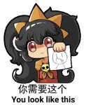  1girl ashley_(warioware) black_hair chinese_text english_text hairband holding holding_drawing holding_paper inawon jokanhiyou_(style) long_hair lowres mixed-language_text paper parody red_eyes shaded_face skull solo style_parody translation_request upper_body warioware 
