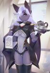  anthro bat bottomwear breasts butler clothed clothing container cup curtains digital_media_(artwork) ear_piercing female fur genitals hair hi_res mammal membrane_(anatomy) membranous_wings piercing purple_body purple_fur pussy red_eyes solo spirale suit tea_cup topwear window wings 