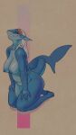  absurd_res accessory anthro barbell_piercing blue_body breasts female fish flowerdino headband hi_res kneeling marine nipples nude piercing shark solo 