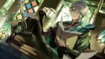  1boy absurdres ahoge alhaitham_(genshin_impact) aqua_eyes black_gloves book book_stack cape crossed_legs cup gem genshin_impact gloves green_gemstone grey_hair hair_over_one_eye highres holding holding_book holding_cup indoors lamp looking_to_the_side male_focus parted_lips partially_fingerless_gloves short_hair sitting solcha solo swept_bangs tree vision_(genshin_impact) 