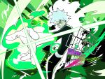  1boy absurdres animification aura bodysuit bonesaw_(artist) commentary danny_phantom danny_phantom_(character) energy english_commentary english_text fighting_stance glowing glowing_eyes glowing_hand highres looking_ahead male_focus nickelodeon serious solo spiked_hair 