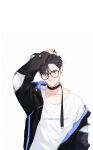  1boy absurdres black_choker black_eyes black_hair choker closed_mouth ddjuner earrings glasses hand_in_own_hair here_u_are highres jacket jacket_partially_removed jewelry male_focus ring shirt simple_background single_earring solo upper_body watermark white_background white_shirt yu_yang_(here_u_are) 
