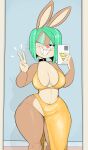  2023 absurd_res anthro breasts brown_body brown_fur cellphone cleavage clothed clothing eyeshadow female fur gesture green_hair hair hi_res lagomorph leporid makeup mammal mirror_selfie multicolored_body multicolored_fur one_eye_closed phone rabbit selfie smile solo tan_body tan_fur two_tone_body two_tone_fur usnarbit v_sign wink 