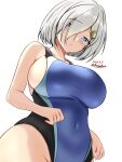  1girl black_one-piece_swimsuit blue_eyes blue_one-piece_swimsuit blush breasts competition_swimsuit covered_navel cowboy_shot dated grey_hair hair_between_eyes hair_ornament hair_over_one_eye hairclip hamakaze_(kancolle) highleg highleg_swimsuit highres impossible_clothes impossible_swimsuit kantai_collection large_breasts looking_at_viewer montemasa one-hour_drawing_challenge one-piece_swimsuit open_mouth short_hair simple_background solo swimsuit twitter_username two-tone_swimsuit white_background 