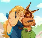  &lt;3 2023 anthro bird_dog blep blonde_hair breasts brown_body brown_fur brown_hair canid canine canis cleavage clothed clothing crossed_arms dobermann dog_knight_rpg domestic_dog duo eyes_closed female fur golden_retriever hair hi_res hunting_dog jeane_(ceehaz) kittbetelgeuse mammal muscular muscular_female pinscher retriever rory_(ceehaz) tan_body tan_fur tongue tongue_out 