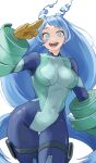  1girl absurdres blue_bodysuit blue_eyes blue_hair bodysuit boku_no_hero_academia bright_pupils covered_navel drill_hair fengling_(furin-jp) gloves green_bodysuit hadou_nejire hair_horns hand_up highres light_blue_hair long_hair looking_at_viewer multicolored_bodysuit multicolored_clothes simple_background skin_tight solo superhero twin_drills very_long_hair white_background white_pupils yellow_gloves 