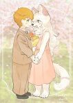  anthro blonde_hair blue_eyes canid canine canis claws clothing duo female flower fur hair hand_holding hi_res human male male/female mammal nekomamanyao plant suit white_body white_fur wholesome wolf 
