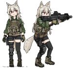  1girl 2022 aiming animal_ear_fluff animal_ears ash-12.7 assault_rifle bullpup closed_mouth dutchko escape_from_tarkov fox_ears fox_tail full_body glock gloves grey_hair gun hair_between_eyes handgun hat highres holding holding_gun holding_weapon holster holstered long_sleeves military multiple_views red_eyes rifle shoes shorts smile standing tail thigh_holster thighhighs weapon 