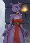  absurd_res anthro bare_shoulders belt blue_eyes choker clothed clothing ethrk exposed_hips female hi_res horn horn_jewelry jewelry kobold necklace purple_body purple_scales scales scalie skimpy smile solo tabard 