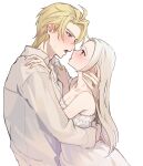  1boy 1girl bare_arms blonde_hair breasts cleavage collarbone collared_shirt couple dimitri_alexandre_blaiddyd dress edelgard_von_hresvelg eye_contact fire_emblem fire_emblem:_three_houses from_side green_eyes hand_on_another&#039;s_shoulder hetero highres hug ikaikakka imminent_kiss long_hair long_sleeves looking_at_another open_mouth purple_eyes shirt short_hair simple_background sleeveless sleeveless_dress small_breasts straight_hair sundress tongue tongue_out white_background white_dress white_hair white_shirt wing_collar 