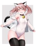  1girl :3 animal_collar animal_ear_fluff animal_ears bell breasts brown_hair cat_ears collar commentary_request contrapposto covered_navel covered_nipples cowboy_shot fang highres jingle_bell kantai_collection kirigakure_(kirigakure_tantei_jimusho) off_shoulder one-piece_swimsuit ryuujou_(kancolle) see-through see-through_shirt skin_fang small_breasts solo swimsuit thighhighs twintails white_one-piece_swimsuit yellow_eyes 